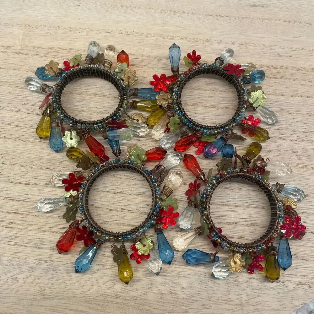 8 Green Glass Brass Floral Napkin Rings Set Pier 1 Vintage Boho Table Decor Lot